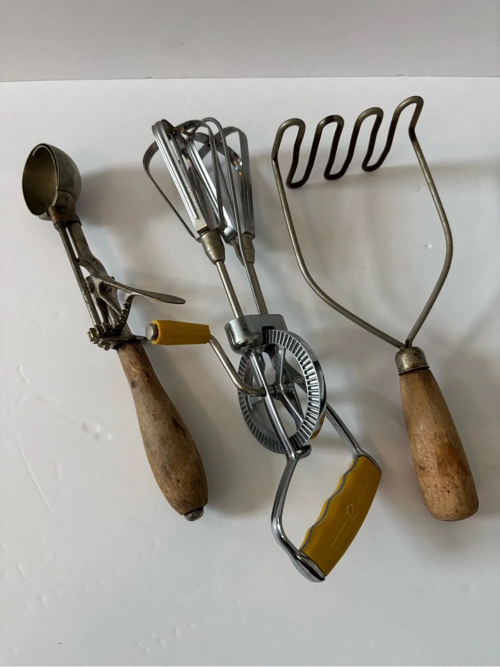 Vintage Hand Mixer, Potato Masher & Scoop Set - Yellow Accents